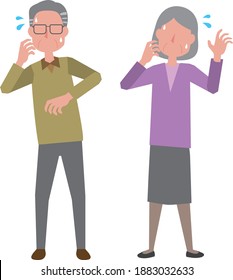 An elderly couple who is impatient and upset