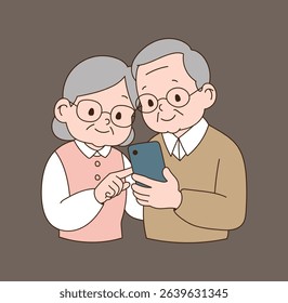 An elderly couple who look at their smartphones together and use them.