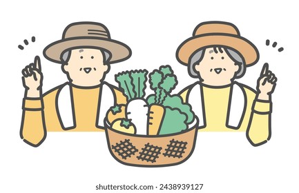 An elderly couple working at a farm, smiling and pointing, harvesting vegetables