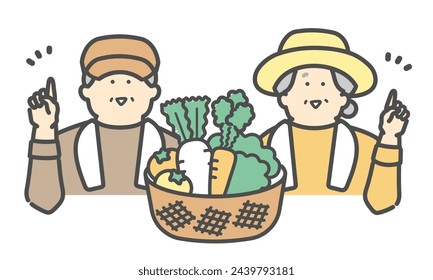 Una pareja de ancianos trabajando en una granja, sonriendo y señalando, cosechando verduras