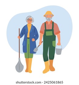 Pareja de ancianos trabajando en el jardín. Las personas mayores plantan árboles jóvenes. Un hombre está cavando el suelo, una mujer está regando plantas. A las personas mayores les importa, estilo de vida activo. Ilustración vectorial aislada en blanco B