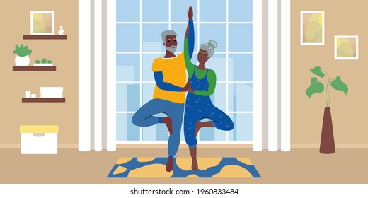 Elderly couple working out together at home