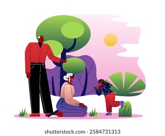 Elderly couple and young girl enjoying nature in a stylized artistic scene with trees and sunset. Concept of family bonding and love