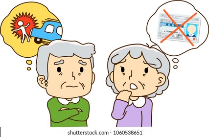 Elderly couple,anxiety, driving license.Text means driving license.