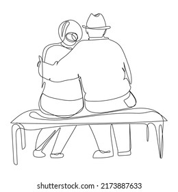Elderly couple Line art old woman man sitting bench in city park back view vector illustration continuous line drawing Happy grandparents