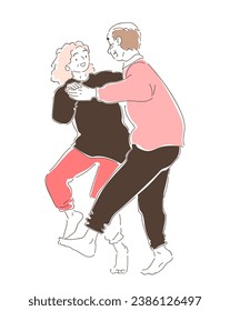 Elderly couples dancing doodle. Active lifestyle and leisure. Grandmother and grandfather dance. Graphic element for website. Cartoon flat vector illustration isolated on white background