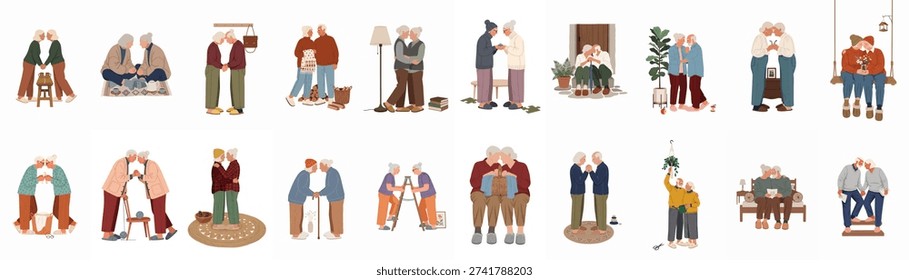 Elderly couples embracing, supporting, and sharing life's simple joys, illustrating enduring love and companionship in diverse relationships.