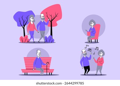 Elderly couples engaged in various activities in vibrant park setting. People walking together, enjoying music, and having lively conversations while surrounded by colorful trees and benches