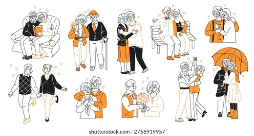 Elderly couples engaged in various activities. From reading books together to walking in the rain with an umbrella, these scenes capture the essence of companionship and love in later life