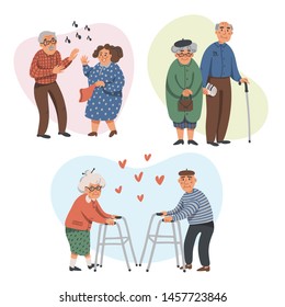 Elderly couples leisure in nursing home. Senior man and woman on white background. Nursing home. Senior people healthcare assistance flat Vector illustration