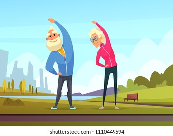 Elderly couples make some sport exercises in the public garden. Senior sport grandfather and grandmother in park illustration