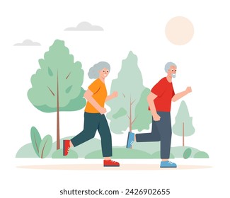 Elderly couples running in city park. Senior people man and woman doing sport together. Active healthy lifestyle concept. Vector cartoon or flat illustration.