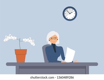Elderly cute female sit at the table. Universal image for various occupations:accountant, auditor,manager,director,officer, secretary,politician.Office interior.Vector flat style cartoon illustration