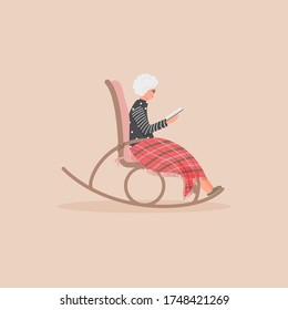 Elderly cute woman is sitting in a rocking chair.Old lady covered her feet with checked woollen plaid.Cartoon granny is resting in a comfortable rocker and enjoying reading book.Vector illustration