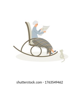 Elderly cute woman is sitting in a rocking chair.Old lady covered her feet with checked woollen plaid.Cartoon granny is reading  newspaper in a comfortable rocker.Grey cat sit next.Vector illustration
