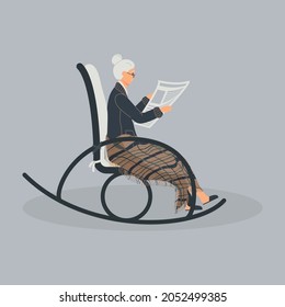 Elderly Cute Woman Is Sitting In A Rocking Chair.Old Lady Covered Her Feet With Checked Woollen Plaid.Cartoon Granny Is Reading  Newspaper In A Comfortable Rocker.Vector Flat Cartoon Illustration