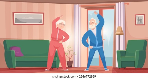 Elderly daily routine. Pensioner making home exercises senior people exact vector background template