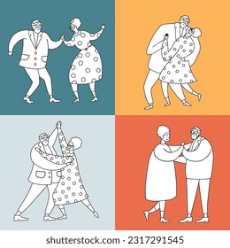 Elderly dancers set. Retro black and white old people have fun. Active pensioners concept. Vintage black linear silhouettes of dancers. Silhouette of a couple dancing. Doodle vector illustration