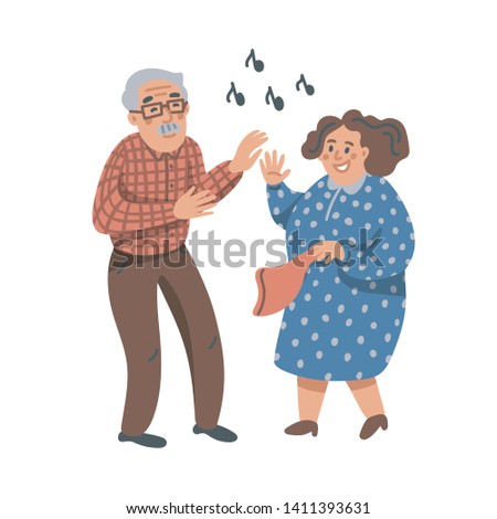 Elderly dancing couple. Old man and woman have fun on a party. Nursing home. Senior people flat Vector illustration