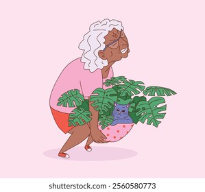 Elderly dark-skinned woman struggling to lift a plant pot with a grumpy cat inside. Gardening activity with humor. Flat cartoon vector illustration of senior life.