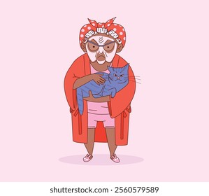 Elderly dark-skinned woman wearing robe, face mask, hair rollers, and headscarf, holding grumpy cat. Relaxation routine with pet. Flat cartoon vector illustration of senior activities.