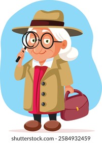 
Elderly Detective Woman Spying with Magnifying Glass Vector Concept Character. Funny elderly female inspector checking every detail and clue