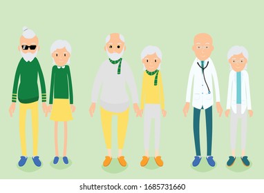 Elderly in different occupations wear different styles, both men and women.