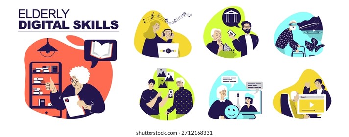 Concepto de habilidades digitales para ancianos establecido para el Diseño web. Colección Video con personas que ayudan a los abuelos en el aprendizaje en línea, la lectura de libros electrónicos, escuchar música, utilizar la banca, llamar, más. Ilustración vectorial.