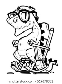 an elderly dinosaur sitting in rocking chair