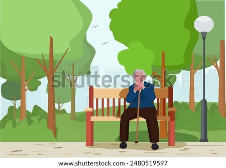 An elderly disabled man with a cane is sitting on a bench in a city park. Outdoor recreation. Vector illustration.