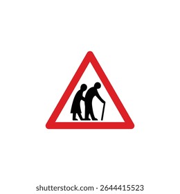 Elderly or disabled pedestrian crossing triangle road sign isolated on white background. Reflective traffic sign symbol simple, vector, icon for website design, mobile app, ui. Vector Illustration