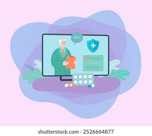 Médico anciano en la pantalla de la computadora y pastillas. Farmacéutico con frecuencia cardíaca, Ilustración vectorial de blíster. Cuidado de la salud, medicación, concepto de farmacia para el Anuncio, diseño del Sitio web o página de Web de aterrizaje