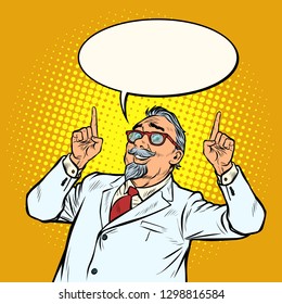 elderly doctor scientist smile index finger up gesture. Pop art retro vector illustration vintage kitsch