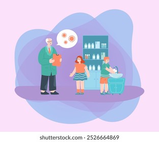 Elderly doctor talking about virus with children in office. Medical recommendations, boy washing hands in sink flat vector illustration. Hygiene, coronavirus, health concept for banner, website design