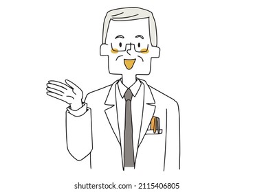 An elderly doctor who is guiding you, a comical handwritten person, a vector, and simple coloring of line drawings.
