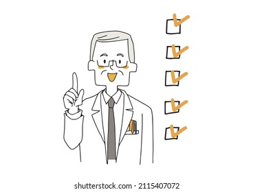  An elderly doctor who teaches check items, a comical handwritten person, a vector, and simple coloring of line drawings.