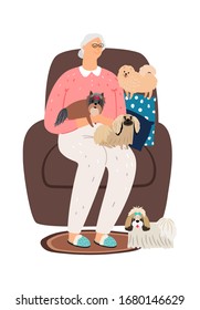 Elderly dog lover. Old woman sit in chair with little dogs. Shih Tzu, Pekingese, Spitz, Yorkshire Terrier and human vector illustration