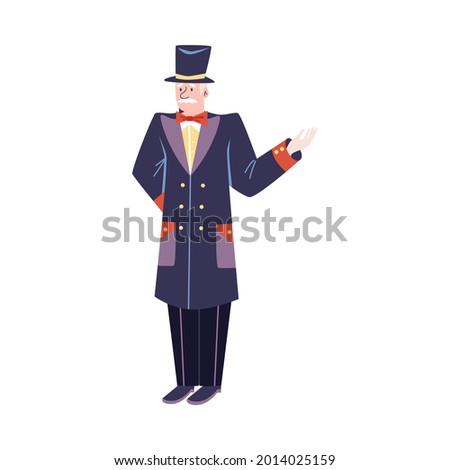 Elderly doorman in retro uniform. Flat cartoon style vector illustration isolated on white background. Hotel staff provides hospitality, professional luxury service.