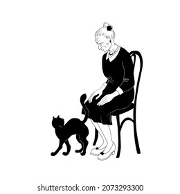 Elderly elegant lady with a cat. Line art concept of loneliness in old age.Lifestyle with your beloved pet 