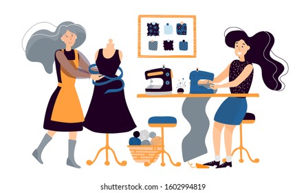 An elderly elegant woman and a cheerful brunette girl create do-it-yourself clothes with their own hands. Illustration for sewing courses, learning site, poster with master classes.