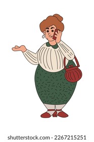 An elderly elegant woman is talking on a mobile phone. Cheerful doodle character. Vector colored flat isolated illustration.