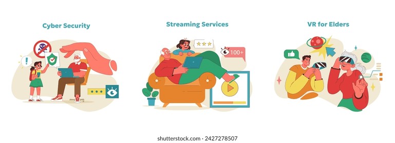 Elderly embracing future tech set. Seniors mastering cyber security, enjoying streaming, and exploring VR. Technological empowerment for aged people in modern world. Vector illustration