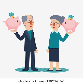 Elderly Employee With A Piggy Bank. Saving Money For Retirement Vector Concept. Senior Couple With Piggy Bank
