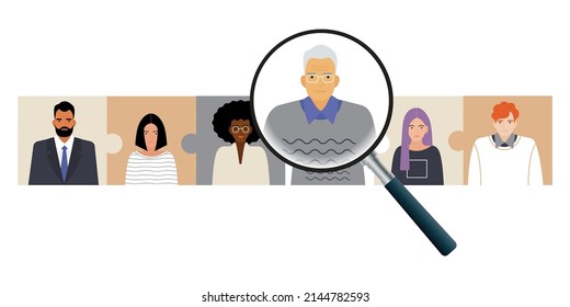 An Elderly Employee Under A Magnifying Glass. The Concept Of Ageism, Reduction Of Personnel. Discrimination Of A Person Based On His Age. Stock Vector Illustration. EPS 10.