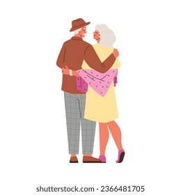 Elderly enamored couple hugging, view from the back. Love relationship and tenderness concept. Gray-haired old man and woman in honeymoon. Cartoon vector marrieds, wedded pair, husband and wife.