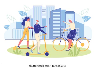 Elderly Energetic and Sporty People Riding Bicycle and Scooter in City Park. Senior People Healthy Lifestyle and Positive Thinking. Retirement Age Activity and Joy. Flat Cartoon Vector Illustration.