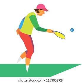 An Elderly Energetic Woman In A Red Baseball Is Playing A Pickleball On A Tennis Court