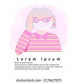 Elderly European patient wearing a mask to protect against Covid-19 coronavirus or monkeypox.
Portrait of an elderly woman with gray hair wearing a medical mask. Space for copy, space for text.