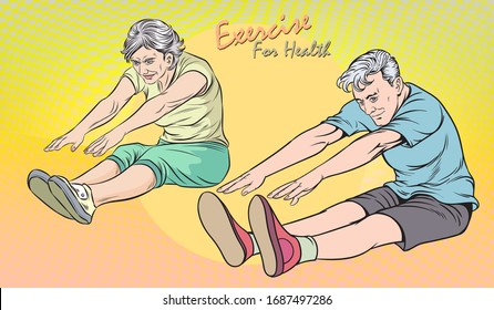 The elderly exercise for good health.Pop art retro illustration comic Style Vector.