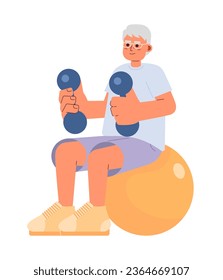 Elderly exercise at home cartoon flat illustration. Senior curling dumbbells 2D character isolated on white background. Retiree man lifting weights. Older male workout gym scene vector color image